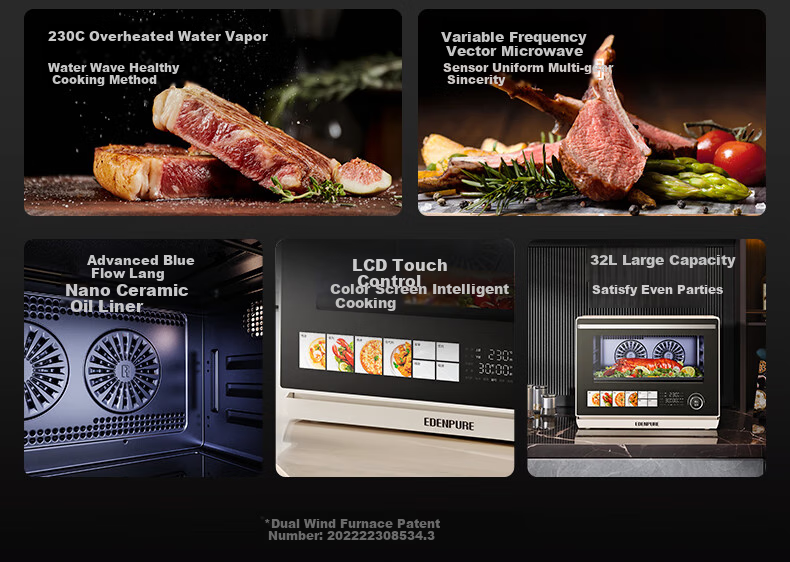Yidunpu Microwave Steam Oven Combo, Home Countertop Four-In Steaming And Baking Oven, 32L Large Capacity, Upper Baking Lower Steaming, Blue Flow Inner Pot EDC-X3 Upgraded Versio 3