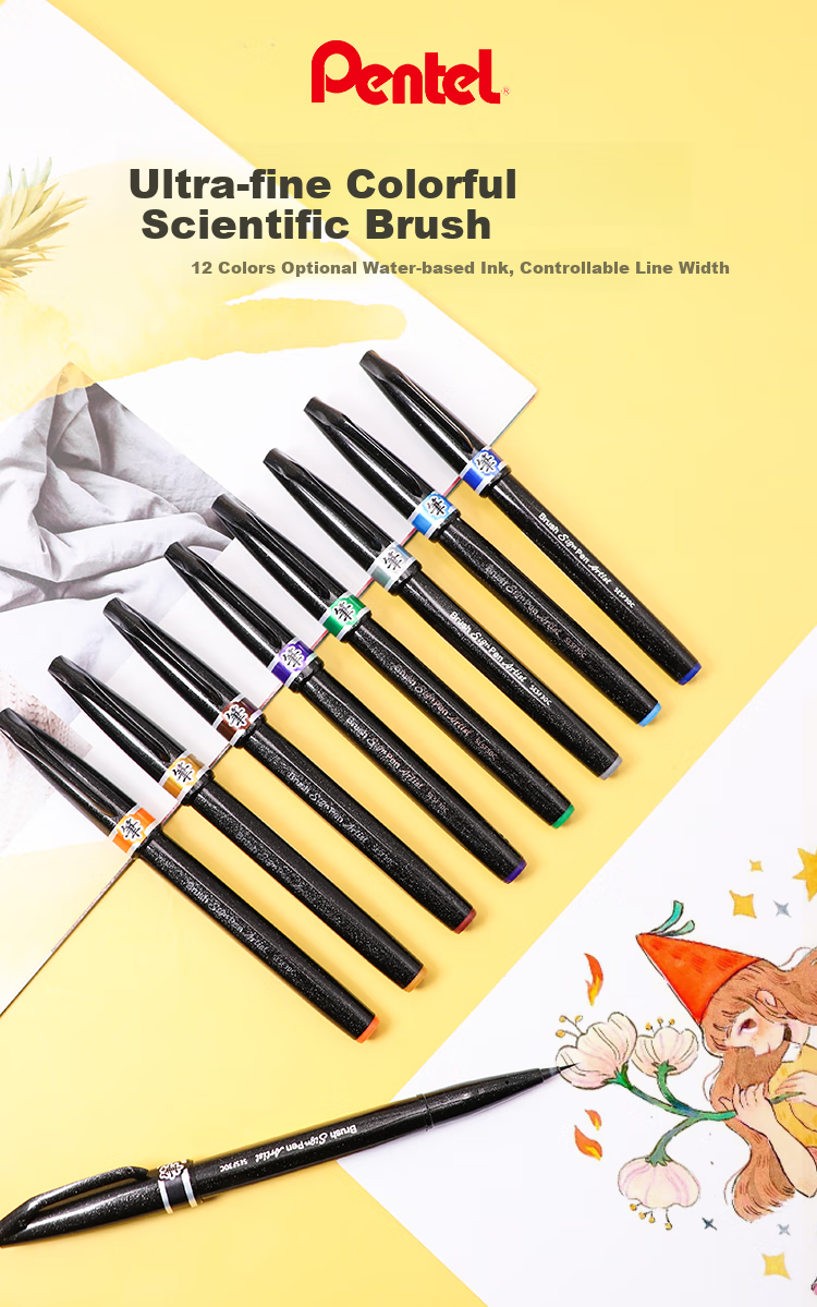 Pentel Color Soft Brush Pen, Scientific Calligraphy Brush, Fine Journaling And Drawing Pen for Greeting Cards, Soft Tip Xiu Li Pen SESF30C Yellow 1