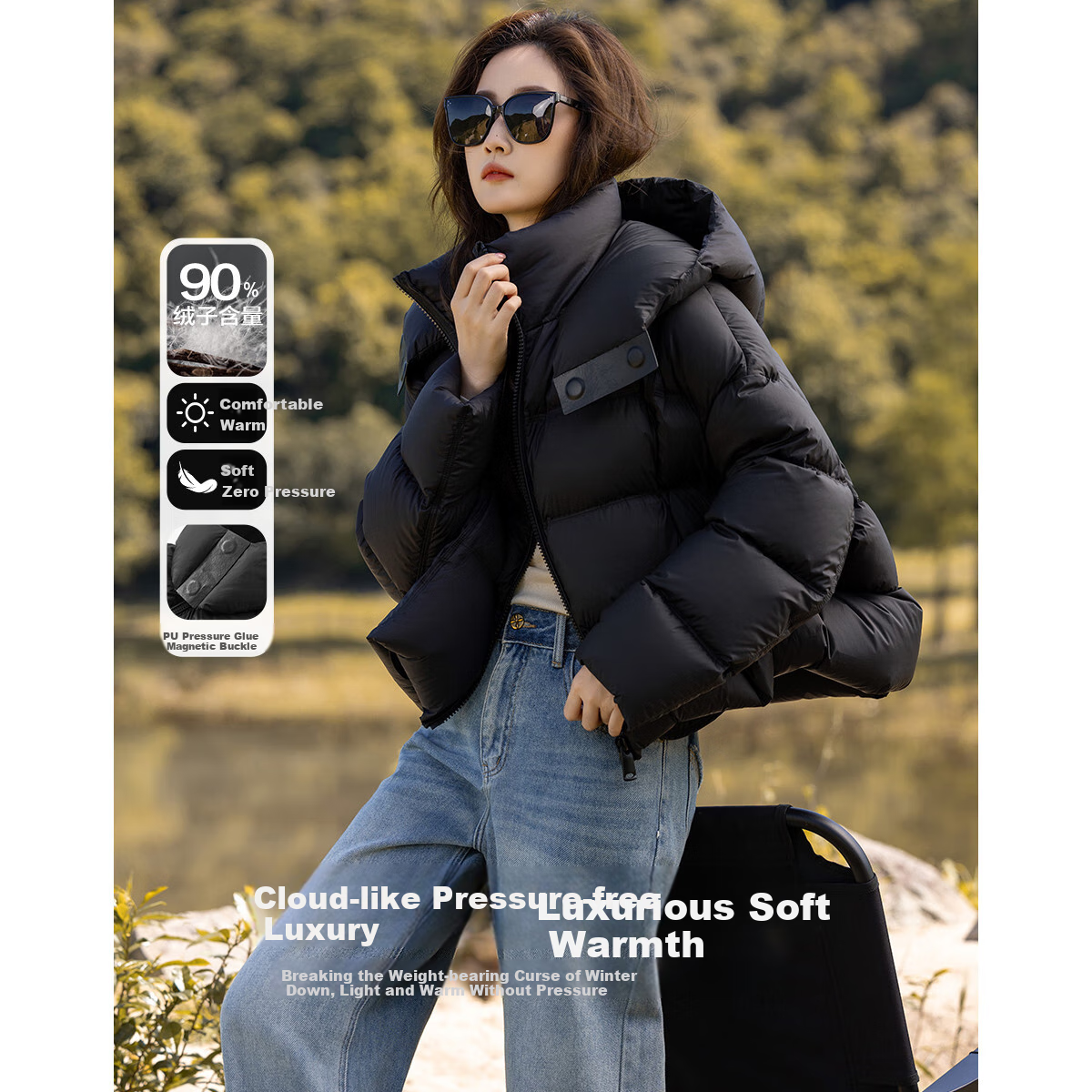 Dme [Cloud Stroll] Winter Thickened Warm 90% Duck Down Hooded Puffer Jacket Short down Coat Women's Elegant Outerwear