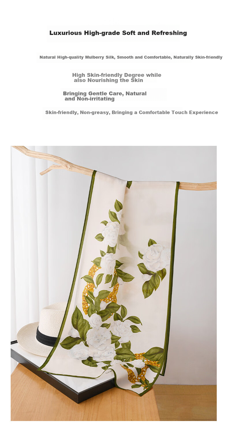 Hangsifu Silk Scarf Shawl Wrap Neckwear, Birthday Gift Box for Mom, Practical Ladies' Gift, Green And White 4