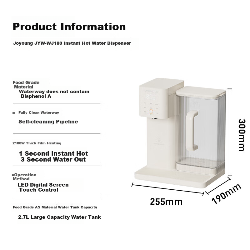 Joyoung Home Office Water Dispenser, Small Desktop Instant Hot Water Machine, Multi-Setting Adjustable 2.7L All-In No-Installation Electric Kettle for Tea Brewing, Milk Making, And Annual Meetings WJ180