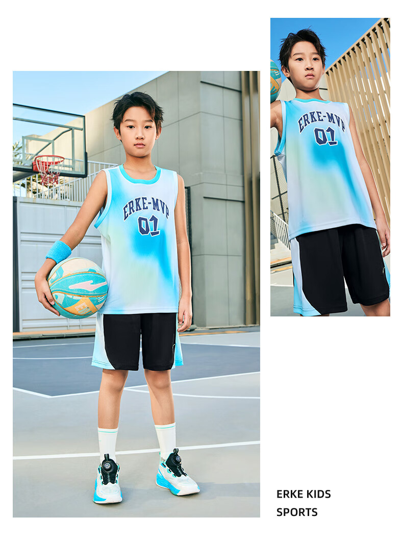 ERKE Children's Clothing, Boys' Sportswear Set for Older Kids, Summer Sleeveless Basketball Outfit, Tianjilan Color, Size 170 11