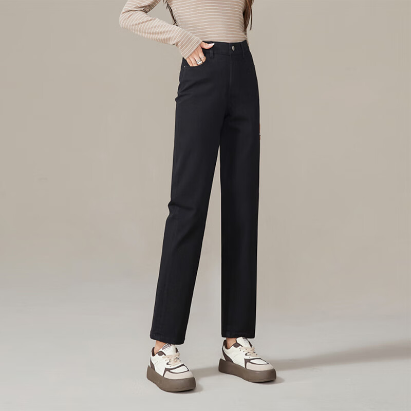 ESE-Y Spring 2025 New Slim-Fit Straight-Leg Pants, Dark Blue Denim Jeans for Women, Black, Size 26