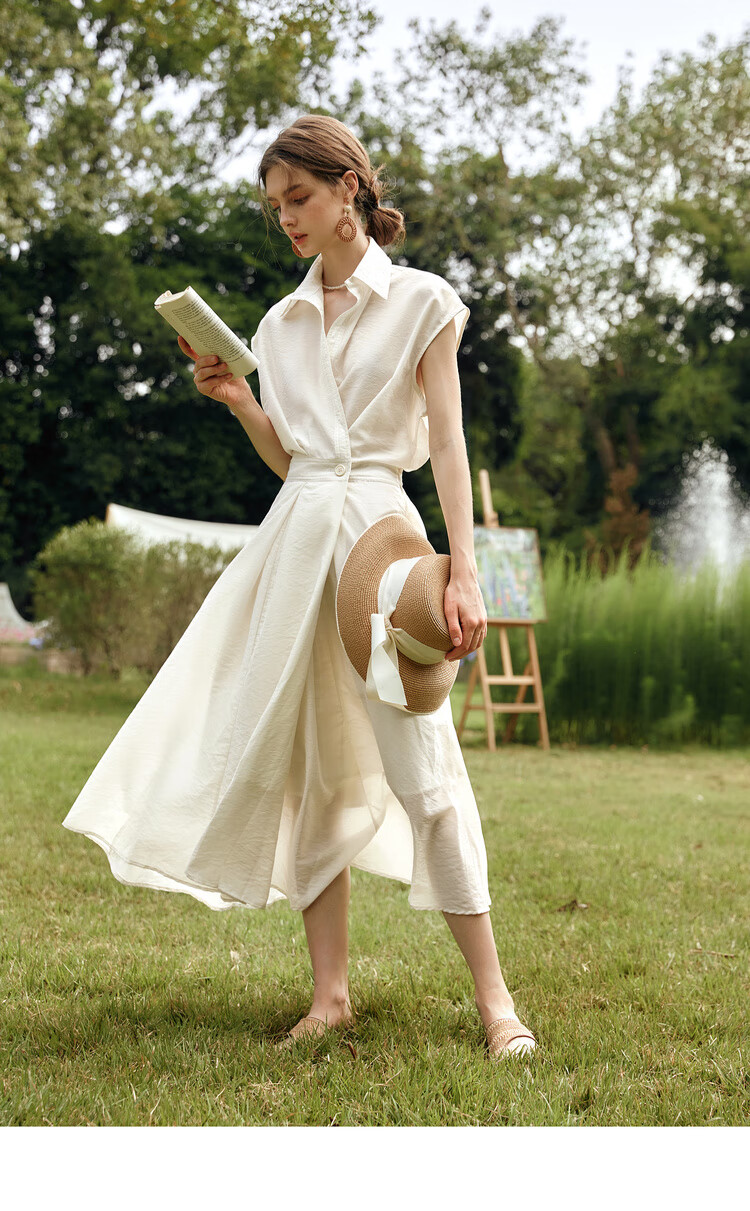 Olrain Eurielle Vintage Shirt-Style Raglan Sleeve Waist-Cinched Dress with Flared Skirt Women Beige L 11