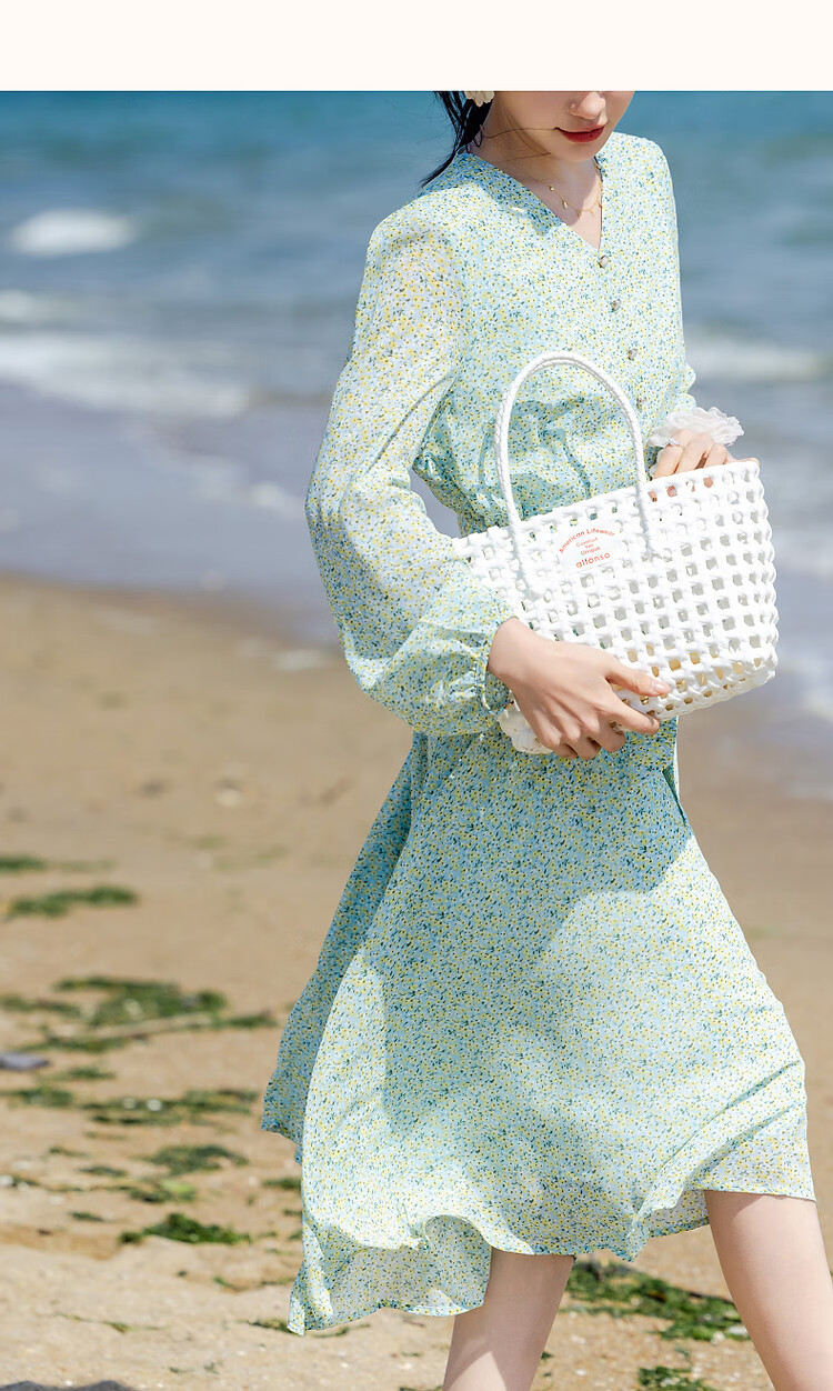 Dme [Sweet Floral Chiffon Umbrella Dress], Spring And Autumn V-Neck Waist-Cinching Long-Sleeve Dress, Mid-Length Women's Dress 15
