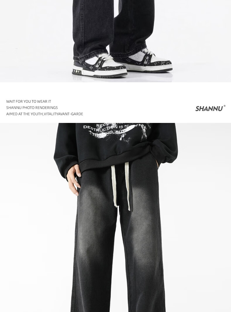 SHANNU Men's Jeans, Spring And Autumn Style, Black American-Style Loose Casual Straight-Leg Trousers, Faded Black, XL 7
