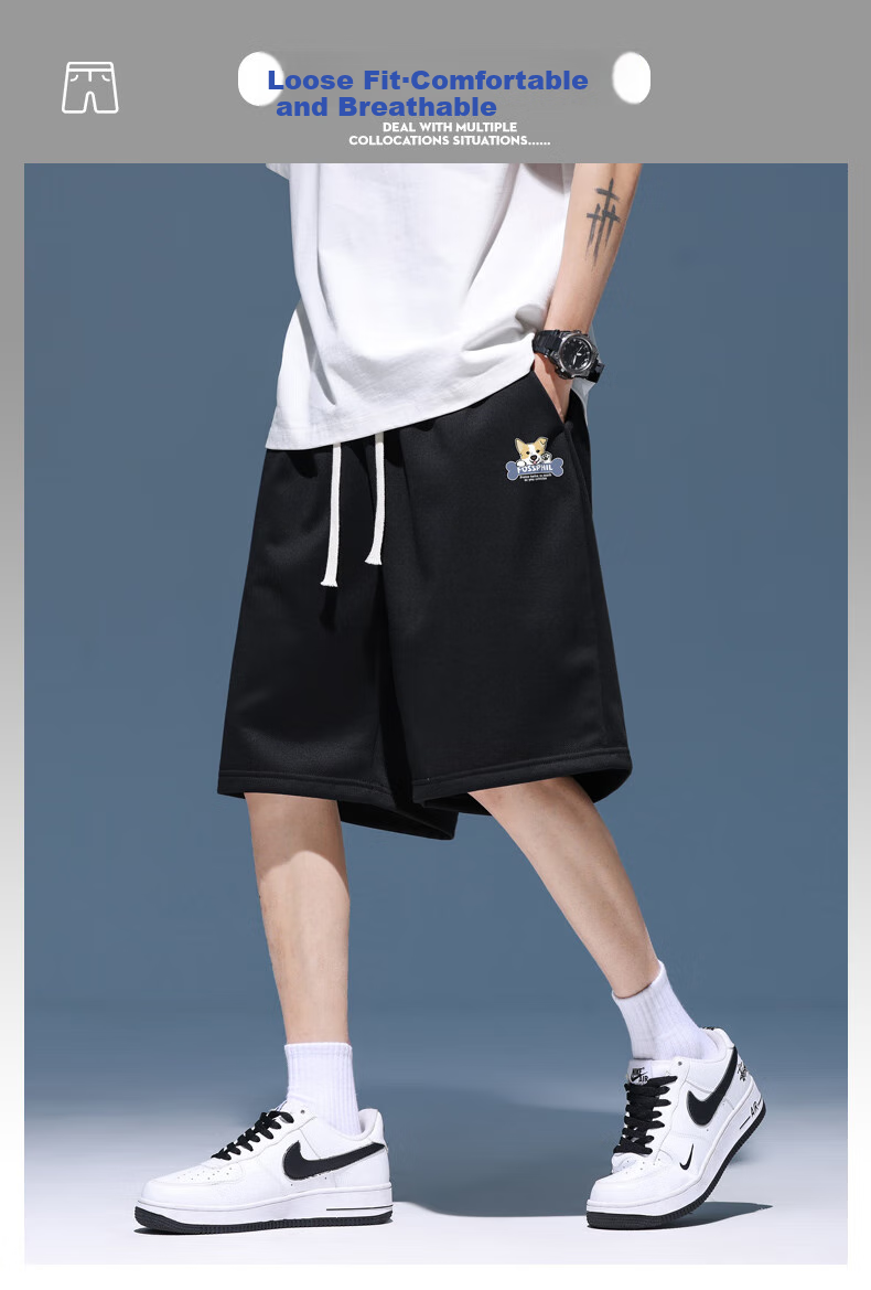 Foss Phil Men's Shorts, Summer Lightweight Breathable Five-Point Pants, Loose Casual Sports Trousers for Men, FPD05 Black XL 1