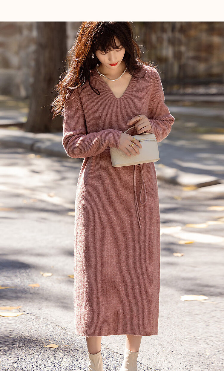 Dme Spring And Autumn Elegant V-Neck Loose-Fitting Drop Shoulder A-Line Slimming Belt Midi Dress for Wome 10