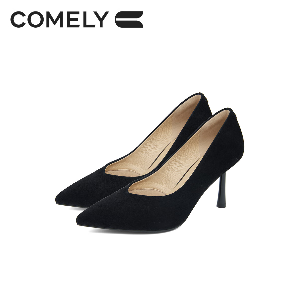 COMELY Celebrity-Style High Heels for Women, Spring New Arrival, Nude Elegant High-Heeled Shallow-Mouth Pumps, Black Suede, Size 36