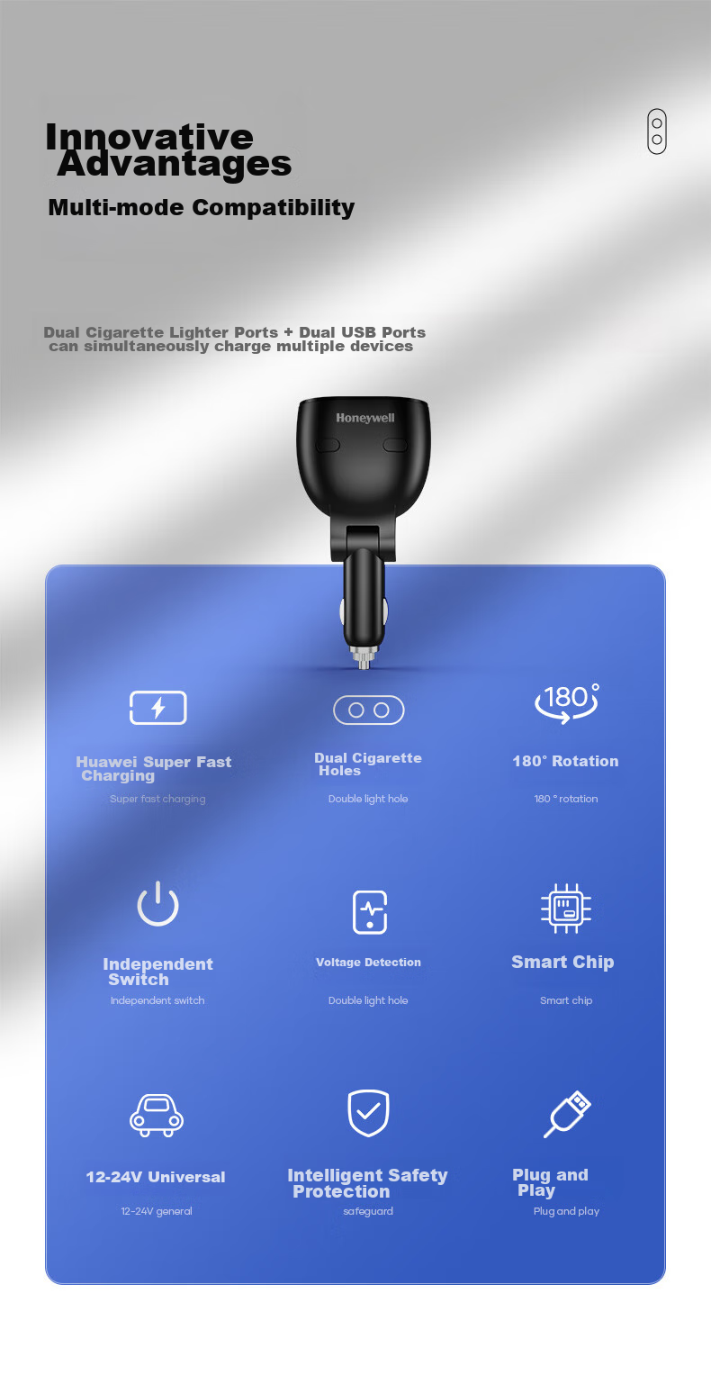 Honeywell Car Charger Cigarette Lighter Adapter, 300W Multifunctional Dual USB Expansion One-To/Two Fast Charging 3
