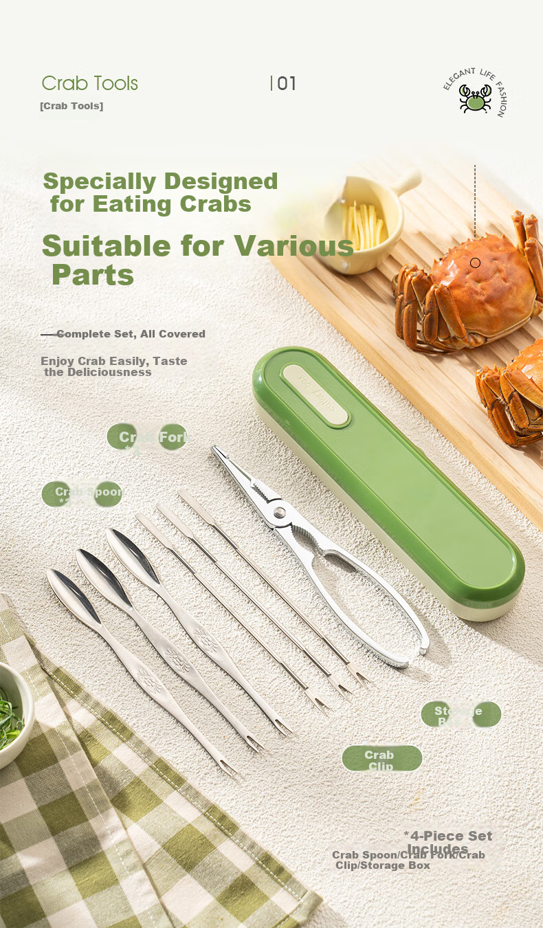 CAIZHI Crab Eight-Piece Eating Tool Set, Stainless Steel Crab Fork And Pliers for Hairy Crabs, Specialized Tools for Eating Crabs, 4-Piece Set CZ6201 2