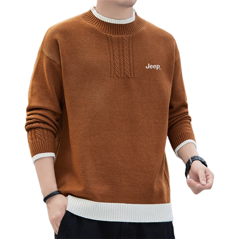 JEEP Men's Autumn Winter Warm Crew Neck Knit Sweater Khaki XL