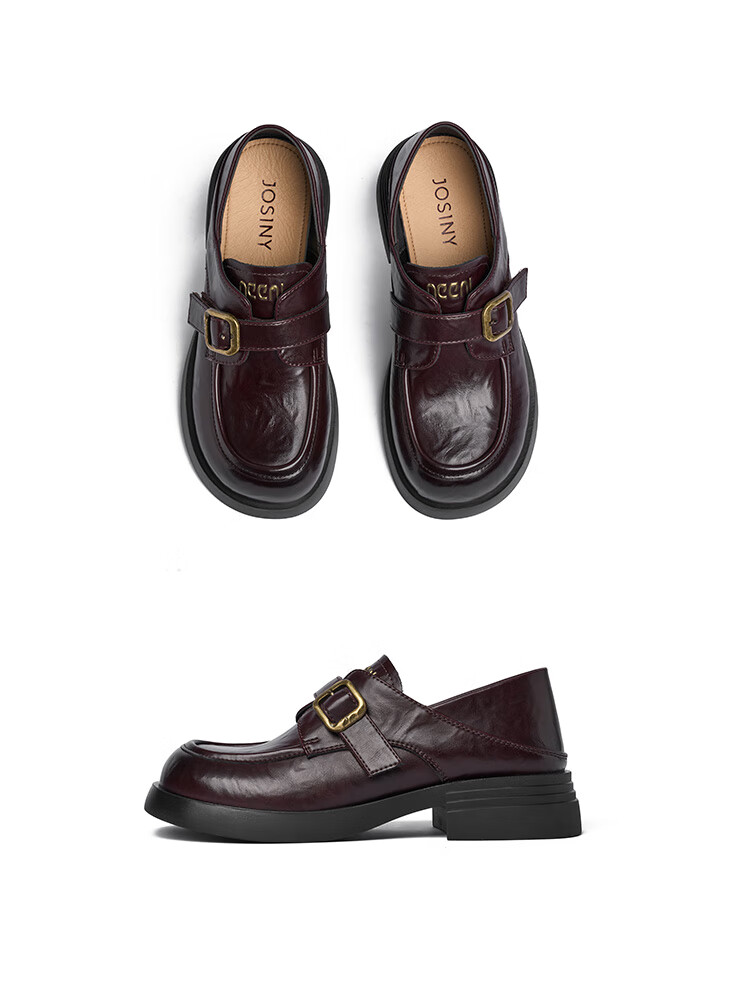 Josiny Black Versatile Elegant Leather Shoes for Women, Spring British Style Loafers, Thick-Soled Chunky Heel Wine Red Color Size 37 6