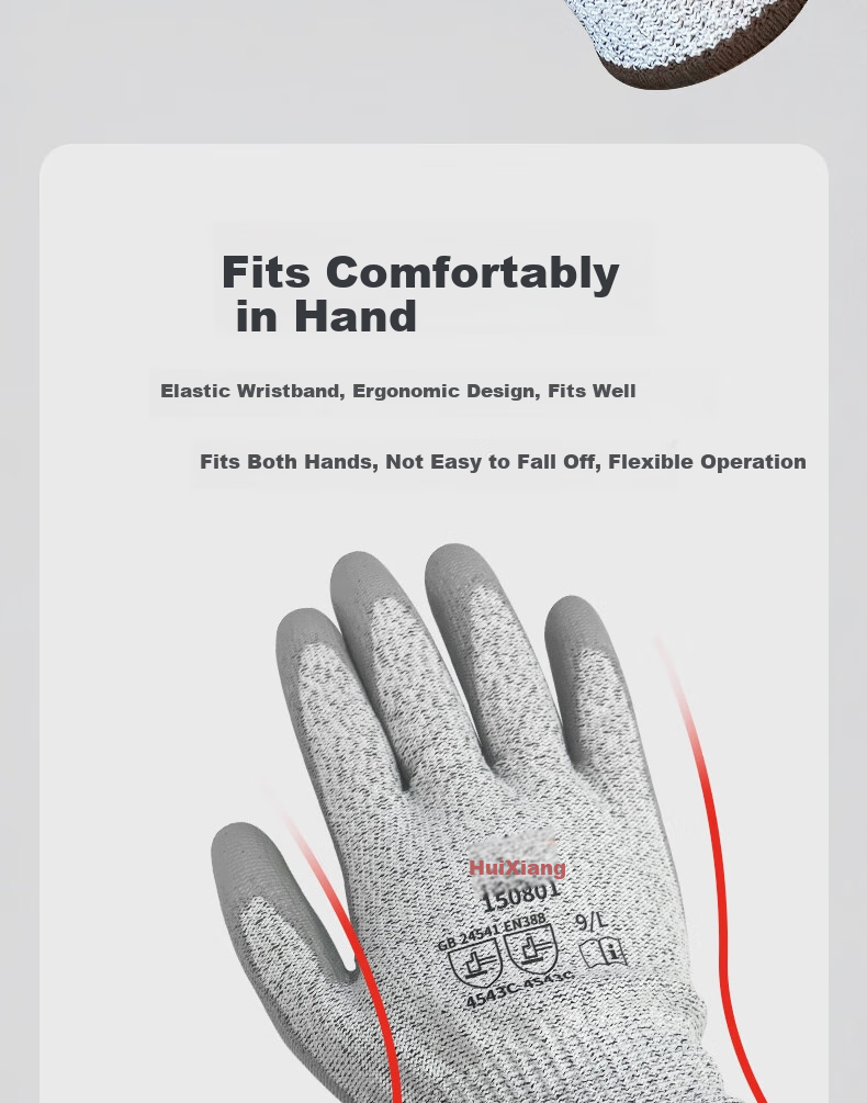 Huixiang JINGDONG Industrial Own Brand Cut-Resistant PU Palm Coated Gloves 150801 (Level 5) Size 9 3 Pairs/pack HPPE Thickened Dense Flexible Wear-Resistant Hand-Fitting EU CE Certified 9
