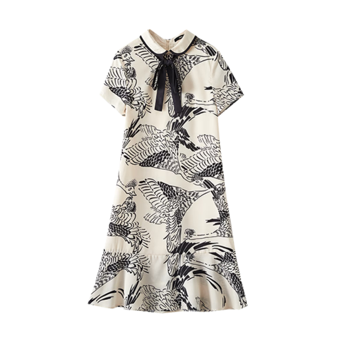 DME Printed Dress Women Tie Casual Vintage Elegant Simple Chiffon Dress