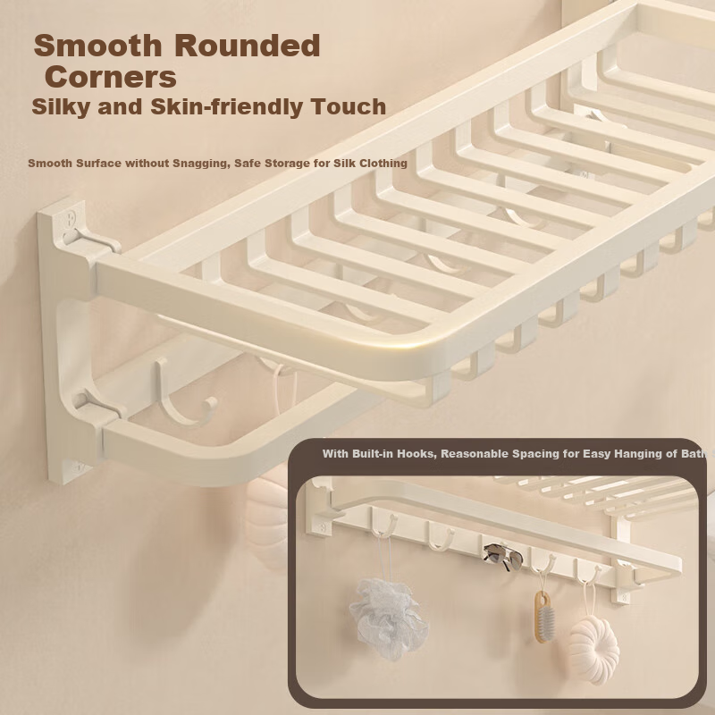 MICOE Cream-Colored Space Aluminum Bath Towel Rack, Bathroom Thickened Foldable No-Drilling Towel Storage Rack, Toilet Towel Holder