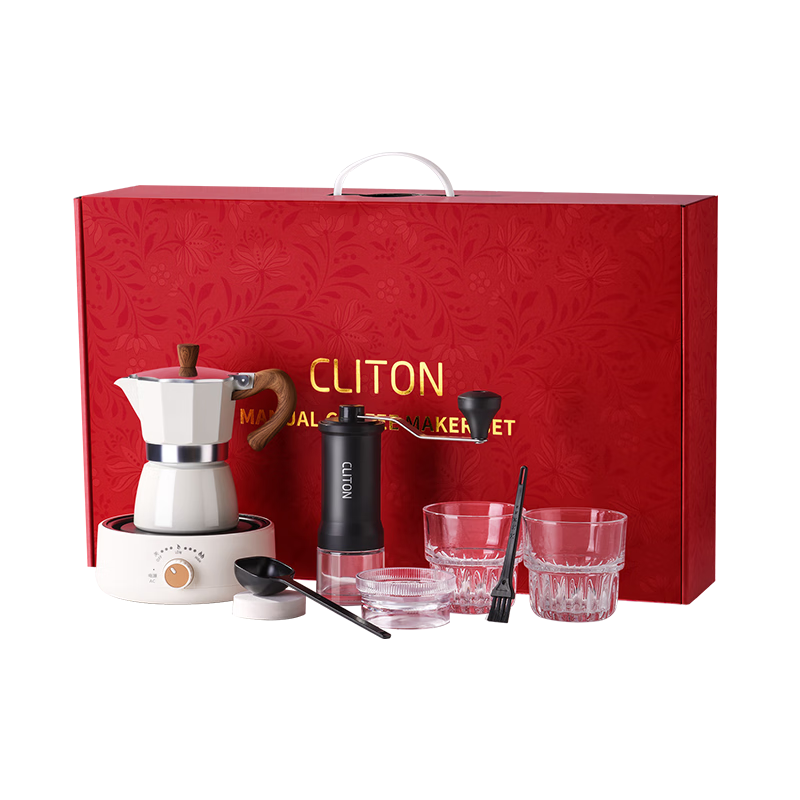 CLITON Pour-Over Coffee Maker Gift Set with Hand Grinder, Coffee Bean Grinder, Portable Espresso Machine, Italian Moka Pot