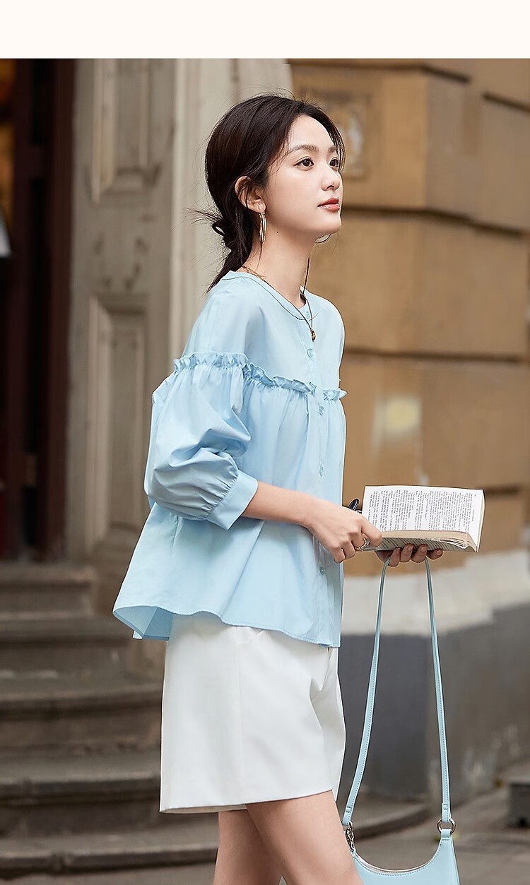 Dme [Gentle Trailer] Spring And Summer French Pure Cotton Pleated Wrinkled Shirt with Ruffle Collar And Puff Sleeves Women's Blouse Top 14