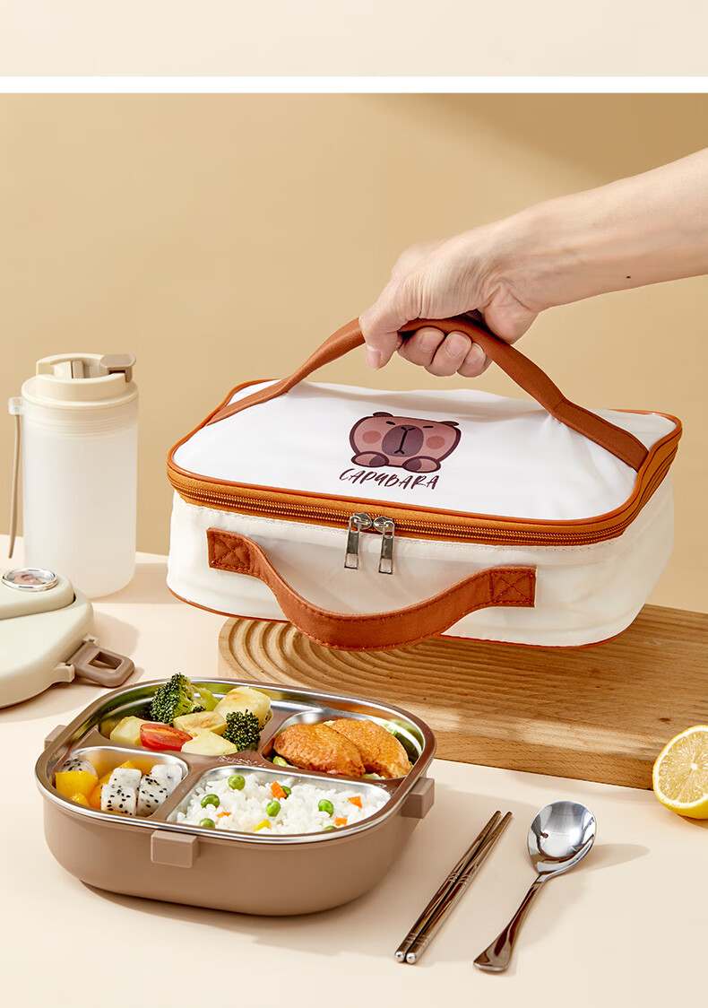WORTHBUY Insulated Lunch Box 304 Stainless Steel Elementary School Cafeteria Divided Tray with Utensils Portable Bento Box Brown 3 13