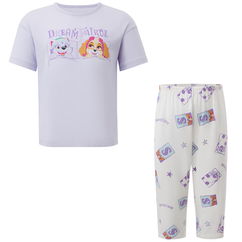 Aimer Kids Girls' Loungewear Set: Modal Short-Sleeve Top And Cropped Pants Pajamas, Paw Patrol Style, Size 110