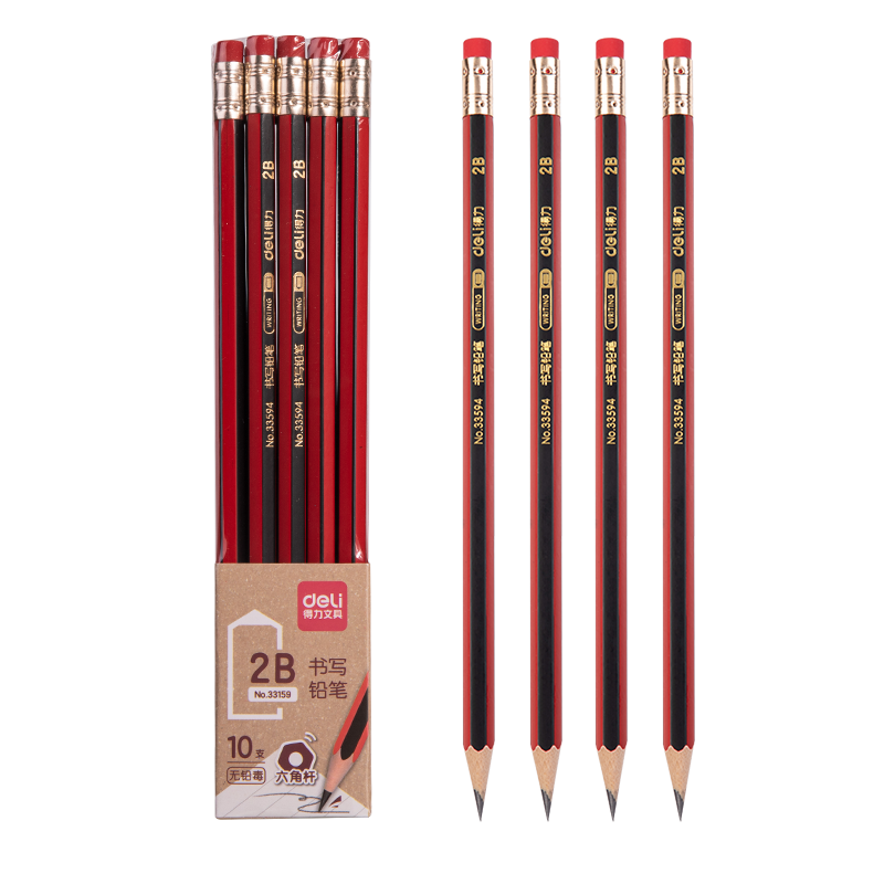 Deli 10-Pack 2B Writing Pencils, Red And Black Striped Leather Tip, Hexagonal Barrel with Eraser, for Students' Sketching, Exams, Homework, Drawing, Back-To Stationery