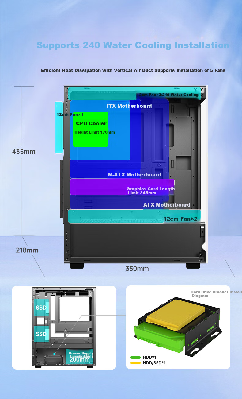 AOC CG390B Black Gaming Computer Tower Case, Dual-Sided Glass, Supports ATX Motherboard, 240mm Water Cooling, 5 Fan Positions, 270° Panoramic View, Upper And Lower Compartments 5