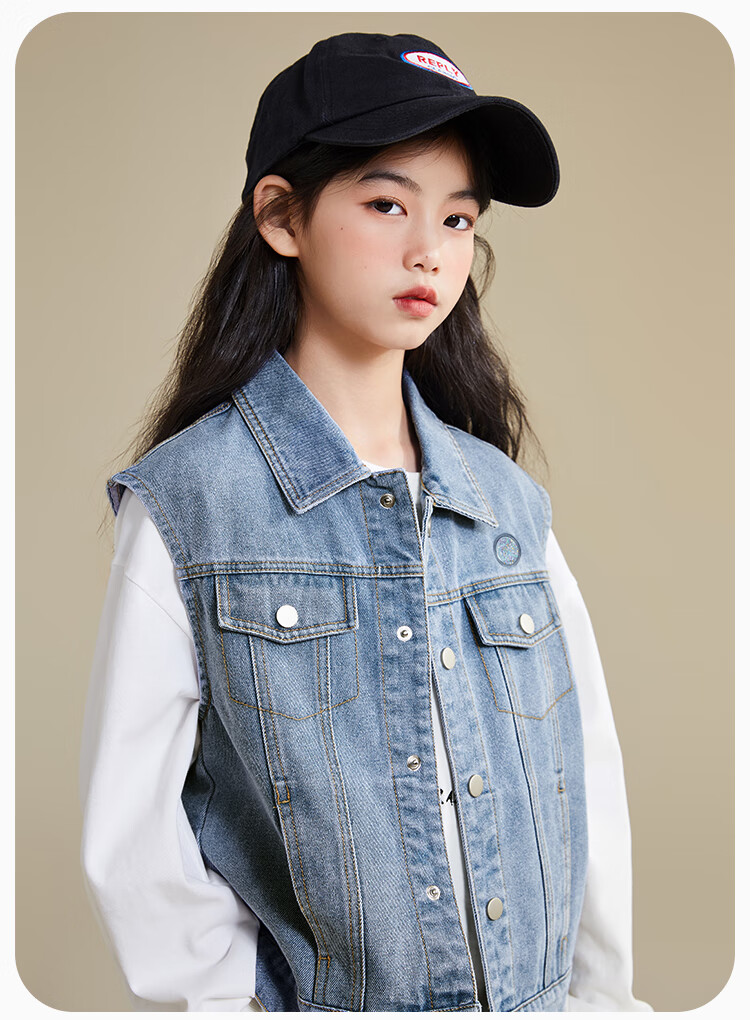 QQ DUCK Children's Denim Vest Girls' Sleeveless Jacket Youth Clothing Classic Vest Navy Blue; 165 19