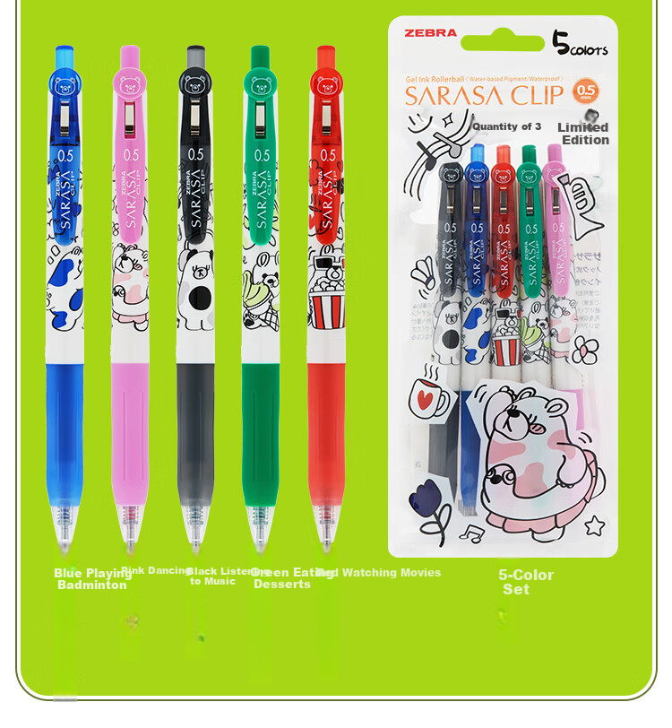 ZEBRA JJ15 Retractable Gel Pen, 0.5mm, Happy Bear Limited Edition, Bullet Tip Signing Pen, Student Annotation Pen, Blue Single Pack 7