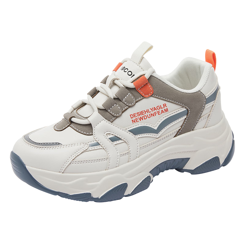 Yierkang Women's Chunky Sneakers, New Casual Sports Shoes with Leather Upper And Thick Sole, Versatile Trendy Footwear, Pure White/bright Orange, Size 37