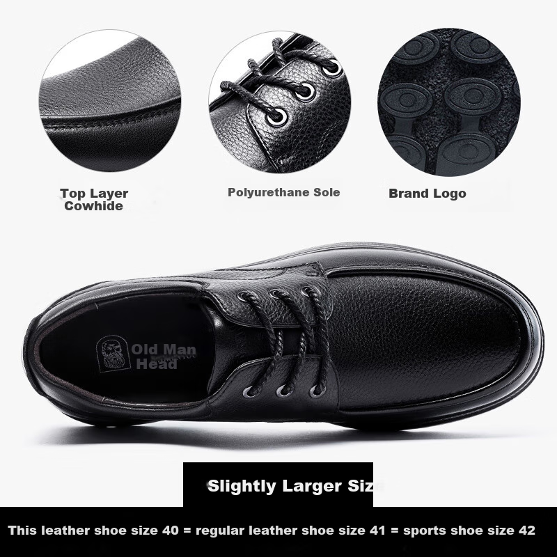 LAORENTOU Men's Leather Shoes, Business Casual Low-Top Shoes, Top-Grain Cowhide Lace-Up Thick-Soled Breathable Dad Shoes, 260279, Black, Size 44