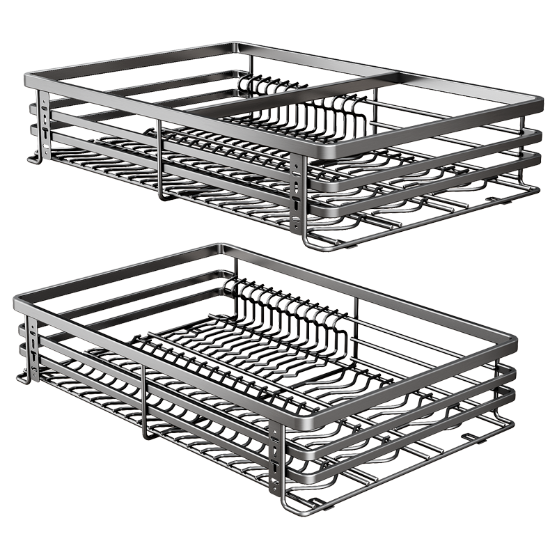 SUPOR Kitchen Pull-Out Basket, 304 Stainless Steel Double-Layer Door Drawer-Style Dish Rack, Bowl Organizer, Thickened Bowl Basket