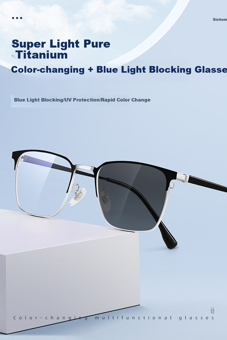 Jiaboli Color-Changing Anti-Blue Light Glasses for Men, Pure Titanium Browline Frame, Anti-Radiation, Non-Prescription, for Mobile Phones And Computers, Myopia Protection Goggles 1
