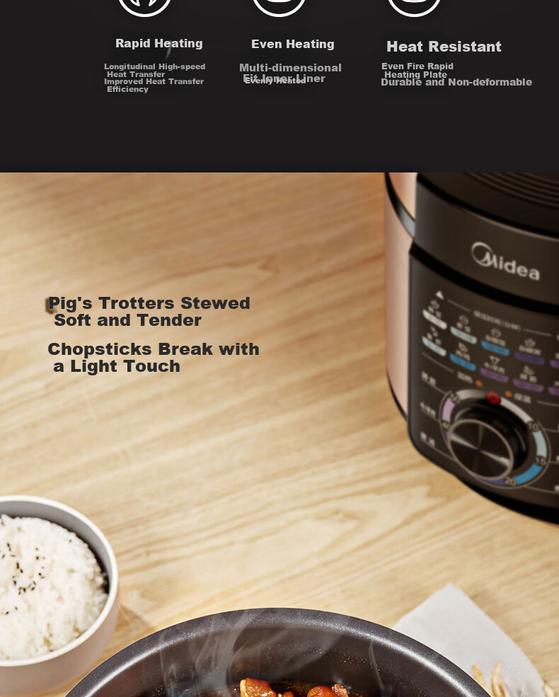 Midea Electric Pressure Cooker, Home Use 5L Double Pot, Large Capacity Multifunctional Rice Cooker, One-Button Air Release, Mechanical Control Electric High Pressure Cooker 7