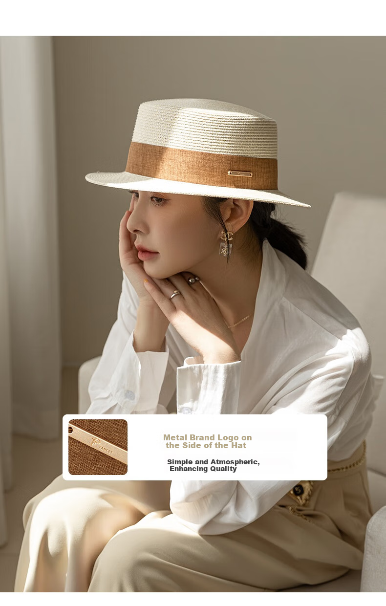 FANCET Flat-Top Straw Hat for Women, Summer Lightweight Luxury Elegant Sun Hat, Beach Vacation Sandal Straw Hat, Japanese-Style Woven Straw Hat 6
