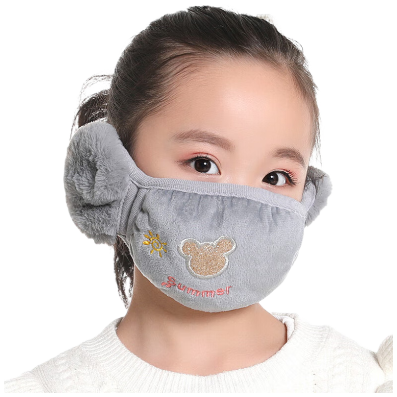 Adandyish Cartoon Gray Ear-Loop Face Mask for Children, Autumn And Winter Windproof Warm Cycling Dust-Proof Cold-Resistant Thickened Protective Ear Covers