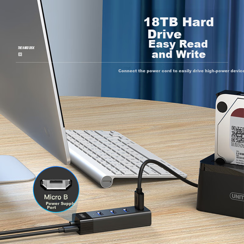 USB 3.0 концентратор UNITEK Y-3098CBK с блоком питания, 4 порта, черный, 1.2 метра