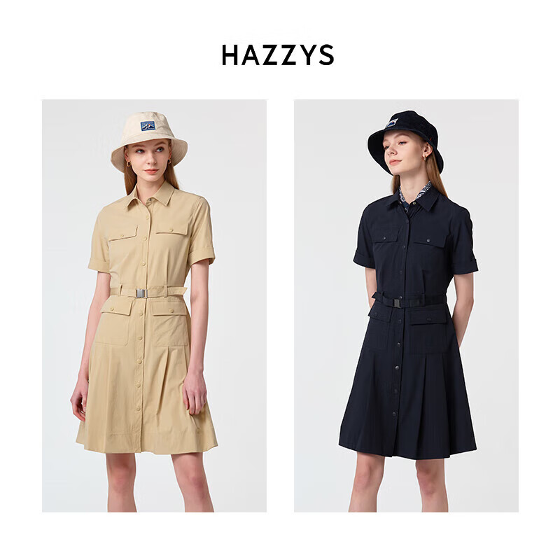 HAZZYS Women's Clothing, Summer Ladies PHIZ Lapel Workwear Style Dress, Navy Blue, Size L
