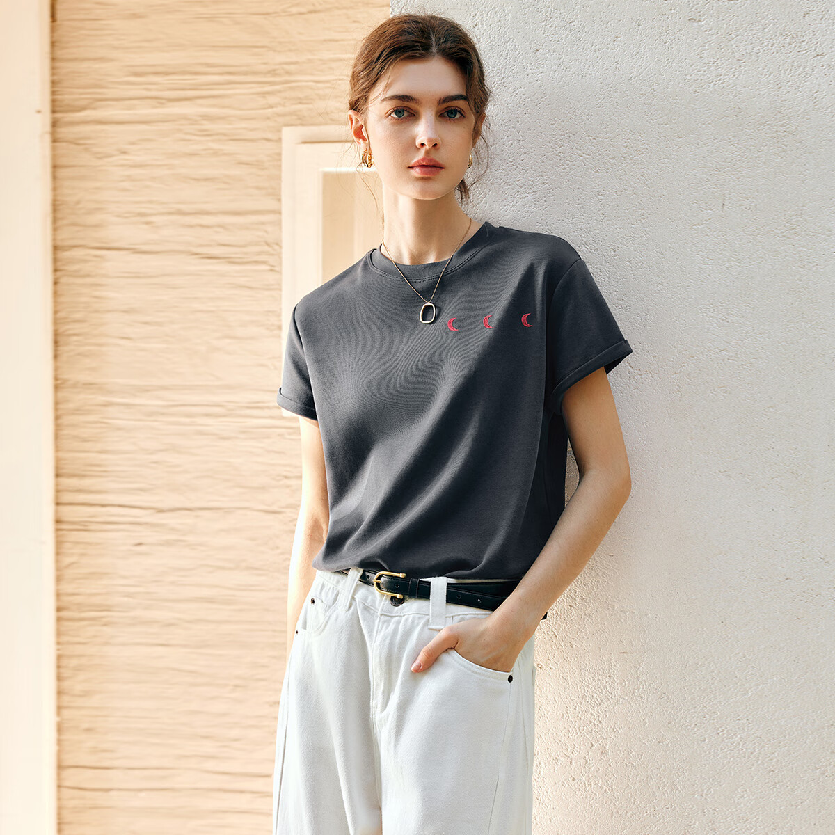 Olrain Gray Short-Sleeve T-Shirt for Women, Elegant Office Wear with Fun Embroidery Design, Gray, Size M