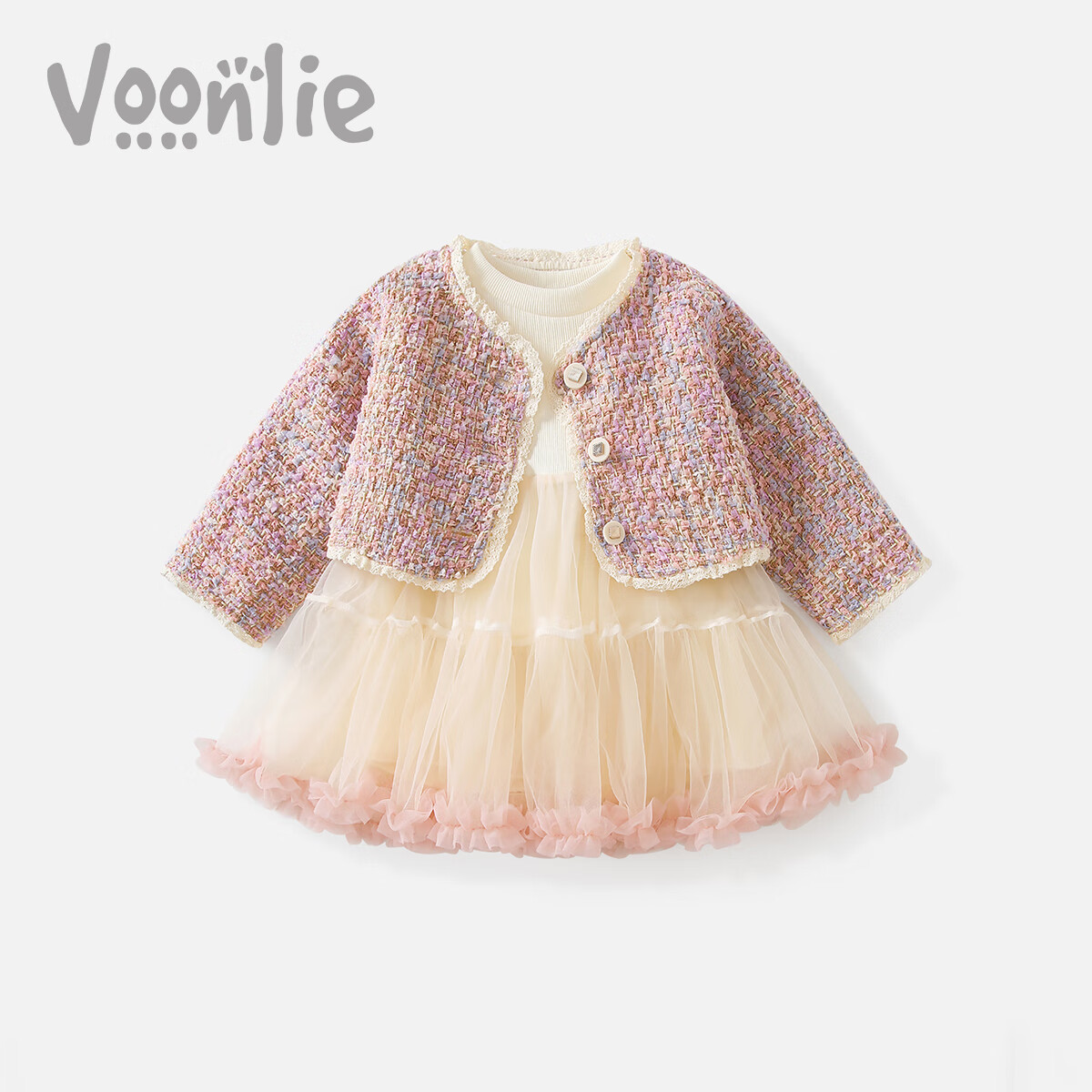 VOONLIE Girls' Chanel-Style Dress, Spring Fashion, Stylish Children's Princess Dress, Baby's First Birthday Party Dress, Tulle Skirt Set for Spring And Autum