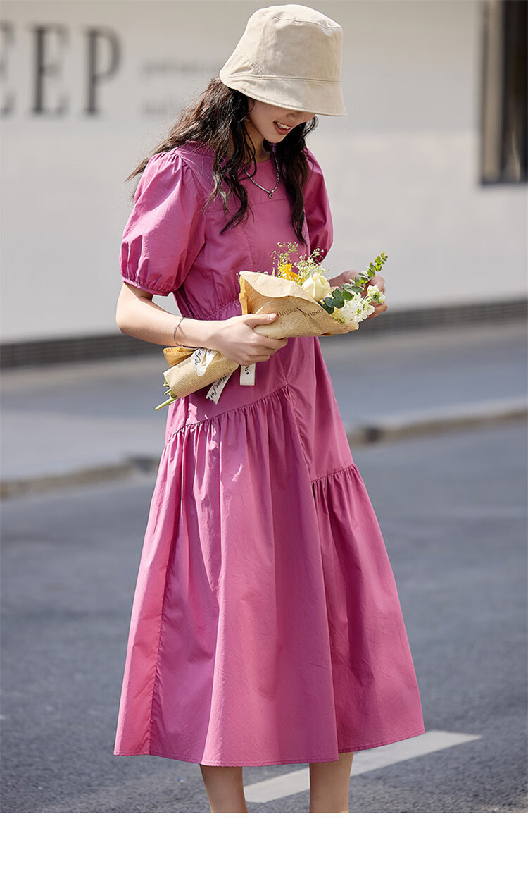 Dme [Puff Sleeve Ruched Dress] Summer Dopamine Sweet Style Round Neck Dress 10