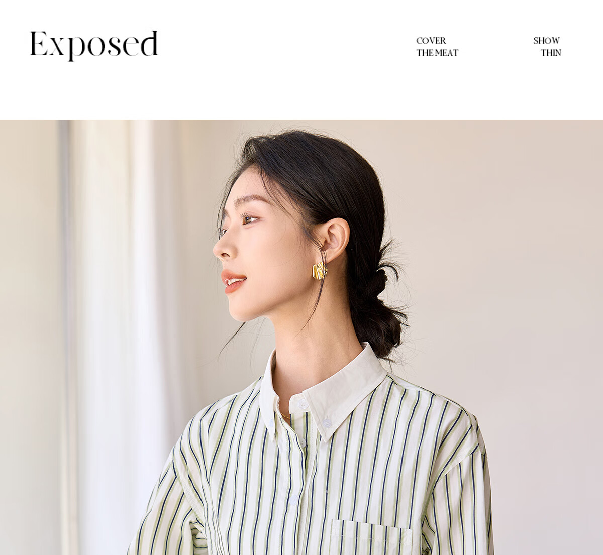 Chushen Women's Long-Sleeve Shirt, Contrasting Color Lapel, Classic Striped Short Casual Commuter Pure Cotton Blouse S51S043 14