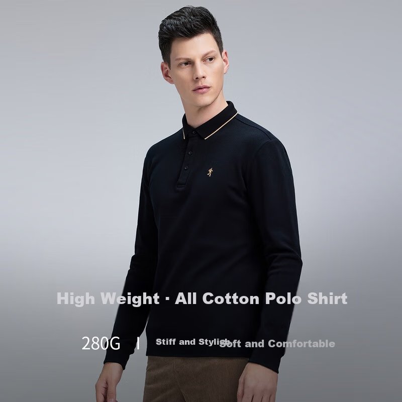 DANCING WOLVES [Upgraded Heavy Pure Cotton] Autumn And Winter Comfortable Basic Inner Layer Men's Long-Sleeve POLO Shirt, 001 Black, Size 165