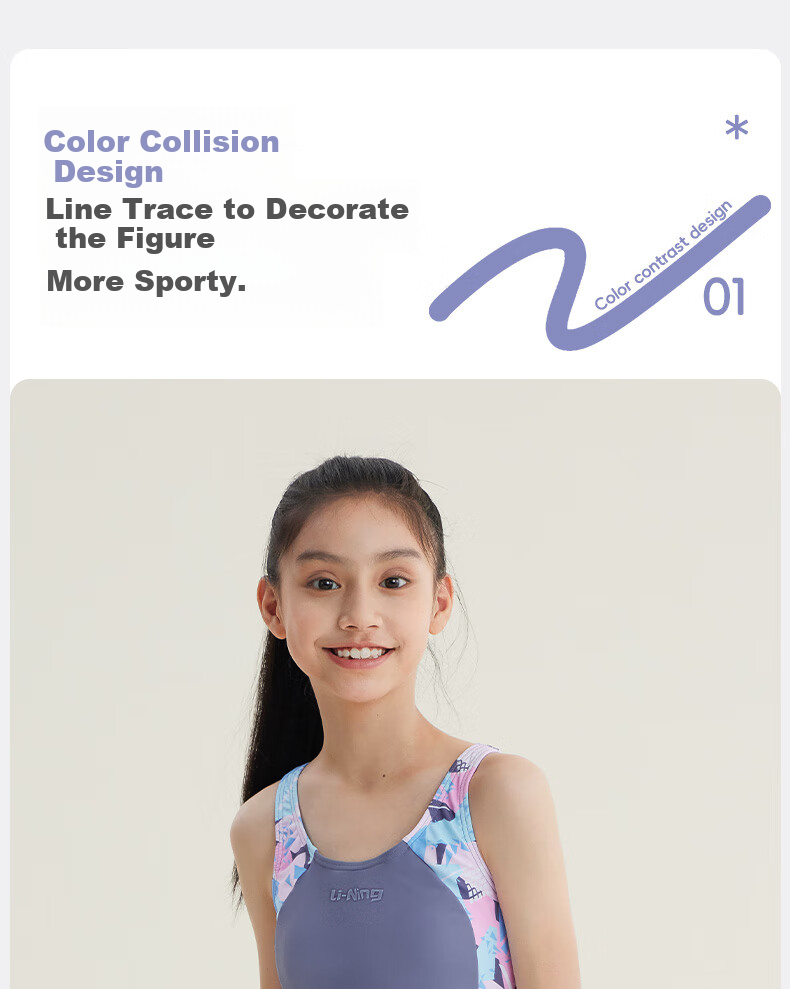 Li-Ning Youth Swimsuit, Girls' Comfortable Sports One-Piece Sleeveless Boyleg, Professional Training Swimwear, 0011 Gray-Purple, Size 160 3