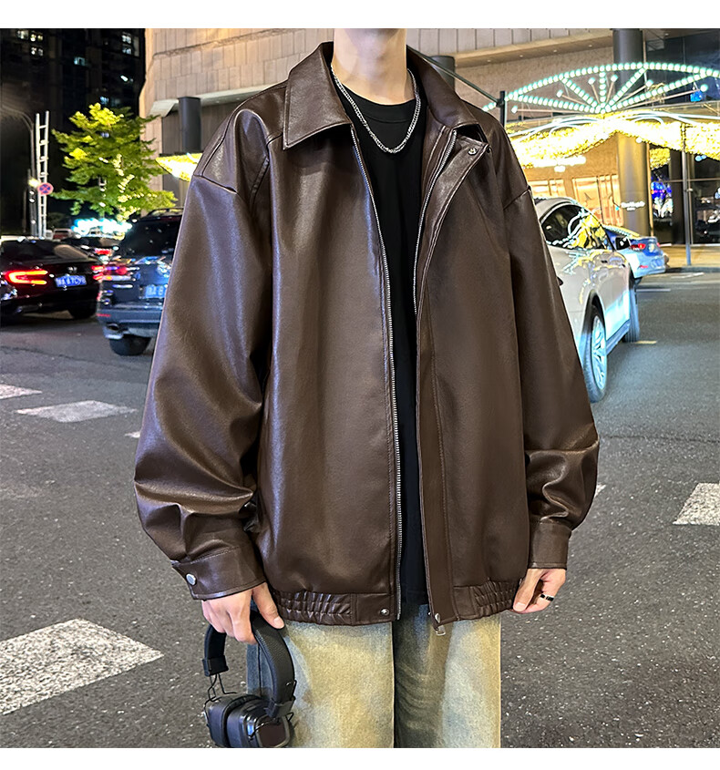 SWAMP AREA Men's Solid Color Leather Jacket, Spring And Autumn Hip-Hop Style Outerwear, American Retro Motorcycle-Inspired Coat, SWC99 Coffee Color, Size L 5