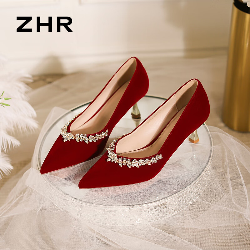 ZHR High Heels for Women, Chinese-Style Xiuhe Wedding Shoes, Wine Red Formal Dress Stilettos, Velvet Single Shoes, Bridal Shoes IG01 Red Size 35