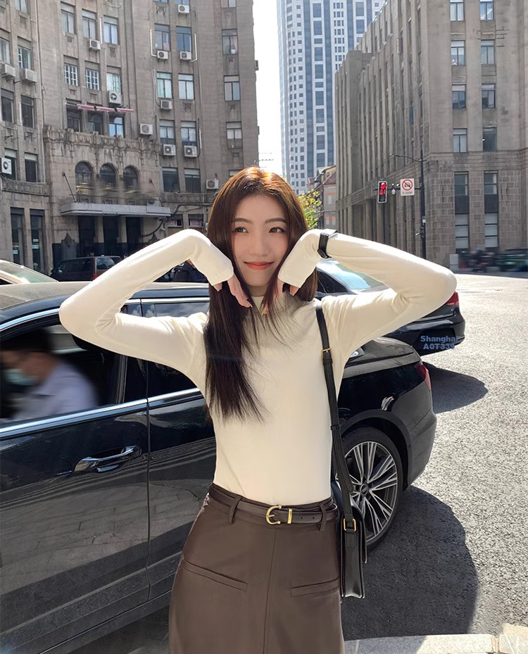 NOME Solid Color Semi-Turtleneck Top for Women, Wool Silk Fleece, Autumn And Winter New Style Inner Layer Base Shirt, White, Size S 8