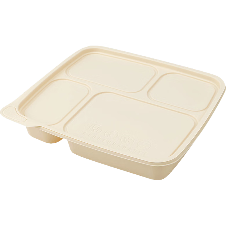 Jiamo Disposable Biodegradable Four-Compartment Cornstarch Food Container, 1000ml*50 Sets, with Lid, Fast Food Box, Takeout Lunch Box