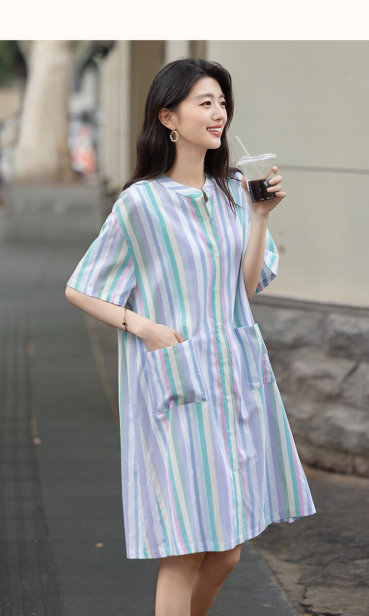 Dme [Healing Class Style] Summer Short Stand-Collar Cotton Lyocell Blend Short-Sleeve Loose Waist Mid-Length Women's Dress 16