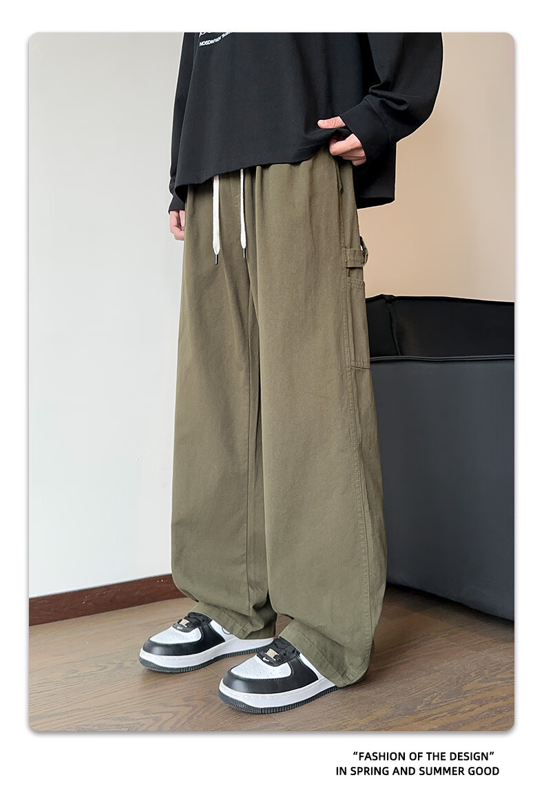 CLOR Japanese-Style Cargo Pants for Men, Spring And Summer Loose-Fit Pure Cotton Vintage Logging Straight-Leg Casual Trousers, CL55 Black XL 6
