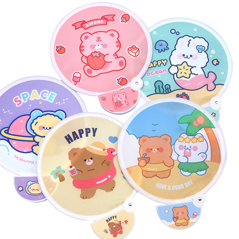 Extreme Space Mini Portable Folding Fan Summer Cartoon Handheld Fan Children's Hand Crank Fan Round Fan 2-Pack Birthday Gift